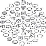 YEEZII 68 Pcs Silver Knuckle Rings Set for Women, Stackable Rings Boho Joint Finger Midi Rings Hollow Carved Crystal Stacking Rings Pack