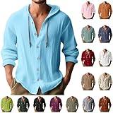 generic Today 2024 Cotton Linen Hoodies for Mens 2024 Casual Long Sleeve Hood Sweatshirt Button Down Shirts Men Tredny Fall Lightweight Mens Button up Shirts Long Sleeve Prime, Large, A#01 Sky Blue