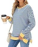 Fashionme Womens Long Sleeve Shirts Striped Side Slit Tunic Tops Pullover Sweatshirt T-Shirts Fall Spring Thin Trendy Color Block Loose Casual Tops 2024 Fashion