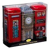 New English Teas British Souvenir 3x Tea Tins with 42 English Breakfast Teabags - Big Ben, London Bus, Telephone Box, UK Foods