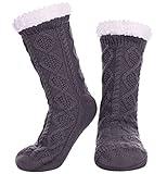 LINEMIN Womens Slipper Socks Winter Warm Fleece Lined Socks Cozy Soft Thick Fuzzy Non Slip Indoor Christmas Socks (Dark Gray Rhombic)