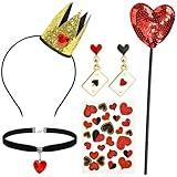 U-Goforst Queen Costume Accessories, Red Hearts Crown Headband Wand Necklaces Earrings Glitter Tattoo Stickers Set for Adult Women, Halloween Party Cosplay Set