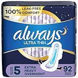 Always Ultra Thin Feminine Pads for Women, Size 5, Extra Heavy, Overnight Absorbency with Wings, 46 Count x 2 Packs (92 Count Total)