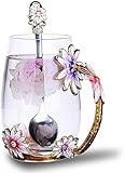 Luka Tech Enamel flower Lead-free Glass Coffee Mugs Tea Cup with Steel Spoon, Best Birthday Gifts For Women Wife Mom Friends Mothers Valentines Day Christmas (Purple-Tall)