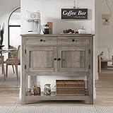 HOSTACK Farmhouse Console Table with 2-Door Cabinet & 2 Drawers, Coffee Bar, Entryway Table with Storage Shelf, Sofa Tables Buffet Sideboard for Kitchen, Hallway, Dining, Living Room, Ash Gray