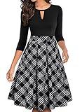 YATHON Women's Vintage Fit and Flare Cocktail Dresses Classic Black White Plaid Print Pocket Fall 3/4 Sleeves Swing Casual Wear to Work Dress (S, YT018-Black Plaid-3/4)