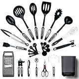 Silicone Kitchen Utensils Set & Holder: Cooking Utensils Set - Kitchen Essentials for New Home & 1st Apartment- Silicone Spatula Set, Cooking Spoons for Nonstick Cookware (Stainless Steel, Black)