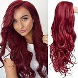 Baruisi Long Curly Wavy Wine Red Wigs for Women Side Part Natural Looking Cosplay Synthetic Fiber Wig Heat Resistant Replacement Wig