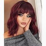 AISI HAIR Curly Bob Wig with Bangs Short Wavy Wine Red Color Wigs for Women Bob Style Synthetic Heat Resistant Bob Wigs