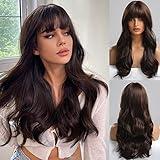 EMMOR Brown Wig with Bangs Long Body Wave Wig for Women Heat Resistant Synthetic Wigs Natural Looking