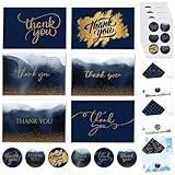 Decorably Thank You Cards With Envelopes & Stickers, Glittery Cards - 24 Pack Blue and Gold Thank You Cards, Blue Thank You Cards With Envelopes, Blank Inside 6x4 Navy Thank You Cards With Envelopes