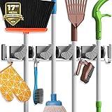 Holikme Mop Broom Holder Wall Mount Metal Pantry Organization and Storage Garden Kitchen Tool Organizer Wall Hanger for Home Goods (4 Positions with 4 Hooks, Silver)