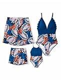 PATPAT Family Matching Swimsuits One Piece Bathing Suits High Waisted Hawaiin Swimwear V Neck for Women and Swim Trunks Blue Women S