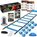 Speed Agility Training Set, Includes 1 Agility Ladder, 4 Steel Stakes, 1 Sports Headband,1 Jump Rope, 10 Disc Cones and Gym Carry Bag - Speed Training Equipment for Soccer Football Basketball (Blue)