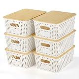 Plastic Storage Baskets With Bamboo Lid - Plastic Storage Containers Stackable Storage bins: Storage Baskets for Organizing Shelves Drawers Desktop Closet Playroom Classroom Office, 6 Pack