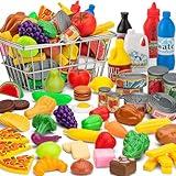 55 Pcs Grocery Store Pretend Play Food Set with Shopping Basket for Kids Toddlers 1-3 4-8, Kids Play Kitchen Accessories Plastic Fake Food Fruits and Vegetables Can Toy Gifts for Boys Girls