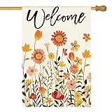 AVOIN colorlife Fall Flowers Welcome House Flag 28x40 Inch Double Sided, Seasonal Floral Autumn Rustic Harvest Yard Outdoor Decoration