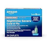 Amazon Basic Care Nighttime Severe Cold and Flu Coated Caplets, Temporarily Relieves Symptoms Like Runny Nose and Sneezing, Vapor Ice, 24 Count