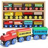 Wooden Train Set 12 PCS - Train Toys Magnetic Set Includes 3 Engines - Toy Train Sets For Kids Toddler Boys And Girls - Compatible With All Major Brands - Original - By Play22