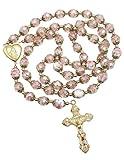 Nazareth Store Catholic Pink Crystal Beads Gold Rosary Flowers Beaded Necklace Holy Mary Heart Locket Medal & Cross Religious Amulet for Women