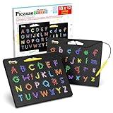 PicassoTiles 2-in-1 Magnetic Drawing Board Toy 12x10 inch Large Magnet Bead Tablet Pad with 2 Facings Alphabets STEM Educational Erasable & Reusable Learning Writing Playboard in Black PTB03