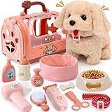 Golray Dog Toys for Kids Girls, Electronic Interactive Walking Barking Dog with 12 Pcs Carrier & Accessories Toddler Girl Toy Dog Puppy Pet Care Pretend Play Set, Birthday Gift for Little Girl 3 4 5 6