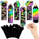 JUNEBRUSHS 30Pcs Welcome Back to School Scratch Bookmarks, Rainbow Magic Scratch Paper Art Back to School DIY Craft Kit First Day of School Gifts for Students Classroom Activity Party Favors