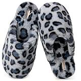 Snug Leaves Women's Fuzzy Scuff Slippers Soft Comfy Memory Foam Non-slip Indoor House Shoes (Cheetah Gray Size 7-8)