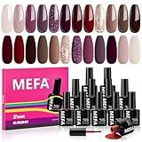 MEFA Gel Nail Polish Set, 12 Colors Burgundy Red Gel Polish Set Champagne Gold Glitter Nail Polish Gel Soak Off Dark Red Purple Shimmer Nude Brown Gel Nail Gifts for Women Girl DIY Salon Home Manicure