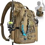 Piscifun Fishing Tackle Backpack with Rod & Gear Holder, Lightweight Outdoor Fishing Tackle Storage Bag, Water-Resistant Multifunctional Fishing Shoulder Pack for Fishing, Hiking, Hunting, Khaki