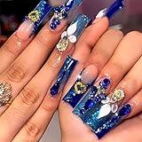 IMRAIN Press on Nails Long Square Fake Nails Blue Gradient Glue on Nails with Glitter Powder & Luxurious Butterfly Rhinestone Designs Full Cover Artificial Acrylic Reusable Nails for Women 24Pcs