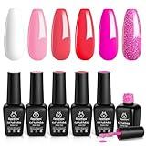 Beetles Gel Nail Polish Set - 6 Colors Hot Pink Rose Red Summer Nail Gel Polish Kit White Gel Nail Polish Collection Pink Glitter Gifts for Women Soak Off Uv Nail Lamp Manicure Kit