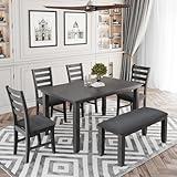 WIIS' IDEA Retro Style 6-Piece Rectangular Dining Table Set for 6, Rubber Wood Table & Upholstered Chair Set for Home, Kitchen, Dining Room,4 Chairs, Bench Seat, Rubberwood Legs(Dark Grey)