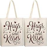 Weewooday 2 Pieces Valentine's Day Tote Bags Heart Reusable Canvas Tote with Handles Cotton Hugs and Kisses Shopping Bags for Wedding Valentine's Day Party Grocery Shopping Market