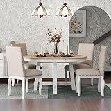 Harper & Bright Designs TREXM 5-Piece Farmhouse Dining Table Set Wood Round Extendable Dining Table and 4 Upholstered Dining Chairs (Oak Natural Wood + Antique White)