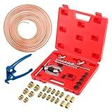 25 ft 3/16'' Copper Coated Brake Line Kit with 16 Fittings and 4 Unions Brake Line Fittings,Brake Line Double & Single Flaring Tool Kit with Tube Bender,Fits for Most Hydraulic Braking Systems