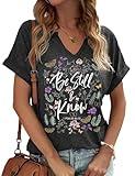 Women's Christian Be Still Know V Neck Shirt Vintage Bible Verse Boho Floral Graphic Tees Christian Gifts for Her(L,L-Grey)