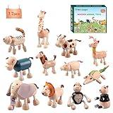 12PCS Bendable Wooden Animal Toys, Fun and Posable Animal Toys Figures for Early Education, Safari Wood Toy for Kids, Smooth Natural Wood, Wood Animal Learning Toy for Children