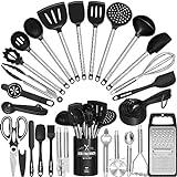 Kitchen Utensils Set-Umite Chef 34 Pcs Silicone Cooking Utensils Set for Nonstick Cookware-Silicone Spatulas Set, Stainless Steel Handle-Black Kitchen Gadgets Tools, Pots and Pans Accessories