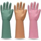 MAMISON 3 Pairs Colorful Reusable Waterproof Household Dishwashing Cleaning Rubber Gloves, Non-Slip Kitchen Glove (Medium)