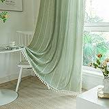 Deeprove Green Boho Curtain 72 Inches Long for Bedroom Living Room, Cotton Linen Weighted Stripes Embroidery, Semi Blackout Bohemian Farmhouse Window Treatment Drape Tassels 1 Panel W52 x L72, Sage