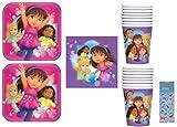 Dora and Friends Birthday Party Supplies Bundle includes 16 Lunch Paper Plates, 16 Lunch Napkins, 16 Paper Cups, 1 Dinosaur Sticker Sheet