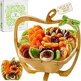 NUT CRAVINGS Gourmet Collection - Rosh Hashana & Shana Tova Dried Fruit Wooden Apple-Shaped Gift Basket + Tray (9 Assortment) Flower Arrangement Platter with Green Ribbon - Healthy Kosher