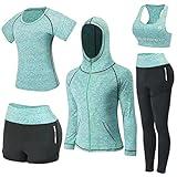 Nesyd Workout Sets for Women 5 Piece Yoga Exercise Fitness Gym Outfits Sport Running Athletic Clothing Set Tracksuits Sportwear Activewear (Green, XL)