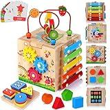 HELLOWOOD Wooden Activity Cube, 8-in-1 Montessori Toys for 1+ Year Old Boys & Girls, Educational Learning Toys for Toddlers Age 1-2, First Birthday Gift | Bonus Sorting & Stacking Board and Word Cards