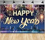 Famoby Happy New Year Fabric Sign Poster Banner Backdrop with Fireworks for New Year Photo Booth Background Party Decorations