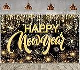 Happy New Year Hanging Extra Large Fabric Sign Poster Background Banner with Firework Pattern for New Year Party Decorations