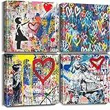 Biufo Banksy Canvas Wall Art Prints Pop Graffiti Street Art Pictures for Bedroom Living Room Wall Decor (12"x12"x4Pcs)