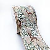 Designer’s Shop WR 63-5194 Holiday Winter Pine Trees with Deer Wired Edge ribbon 2.5” x 10 yard for DIY crafting, Home Décor, tree wreath decorating