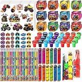 Cholemy 168 Pcs Monster Truck Party Favors Truck Party Supplies Monster Truck Stationery Set Notebook Sticker Stamper Eraser Ruler Pencil Bag for Truck Baby Shower Birthday Party Gift Classroom Prize